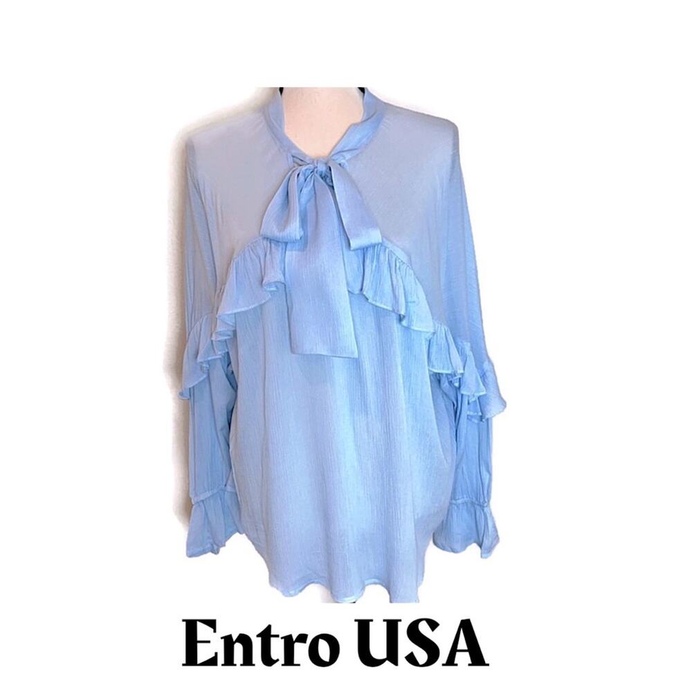 Entro USA Long Sleeve Blouse. Blue. Small. Tie Detail